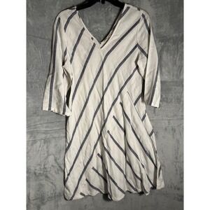 Soft Surroundings Striped V Neck 3/4 Sleeve Linen Cotton Dress women's size PM